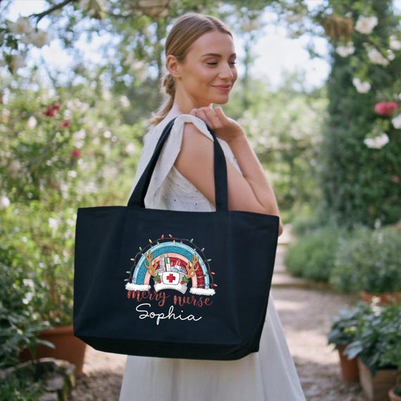 Custom Nurse Christmas Tote Bag, Personalized Xmas Gift