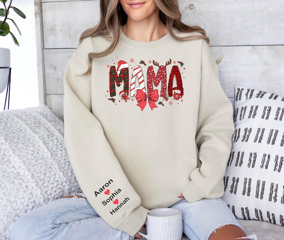 Custom Christmas Mama Sweatshirt, Children Names Xmas Gift