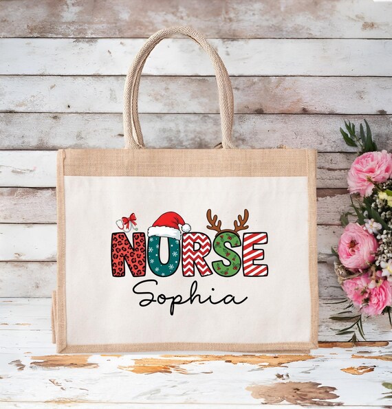 Custom Christmas Nurse Jute Tote Bag, Xmas Gift