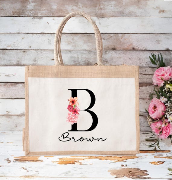 Personalized Floral Initial Jute Bag, Bridesmaid Gift