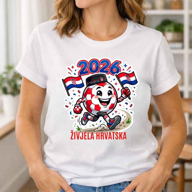 Pode incluir: Camiseta branca com um personagem de bola de futebol de desenho animado nas cores croatas, correndo em um caminho. O design inclui o ano "2026" e o texto "ŽIVJELA HRVATSKA". O personagem est&aacute; segurando duas bandeiras croatas.