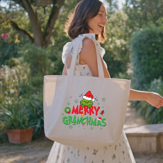 Merry Grinchmas Cotton Tote Bag, Christmas Gift