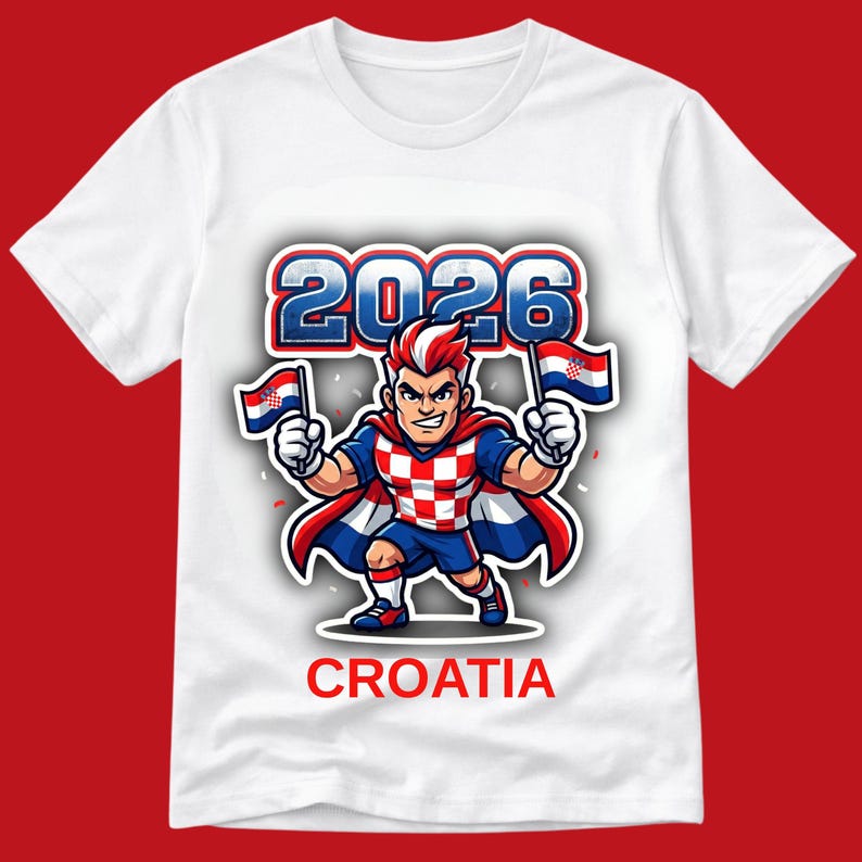 Puede incluir: Camiseta blanca con una ilustraci&oacute;n de dibujos animados de un superh&eacute;roe sosteniendo banderas croatas. El dise&ntilde;o incluye el a&ntilde;o "2026" y la palabra "CROATIA" en rojo. El superh&eacute;roe viste un uniforme a cuadros rojo y blanco.