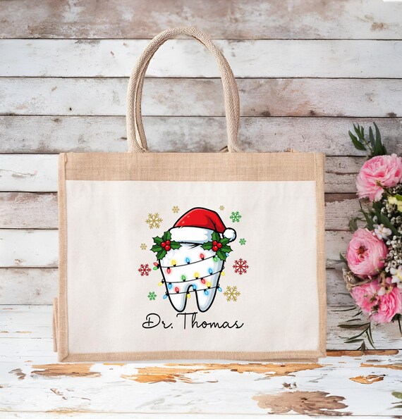 Personalized Dentist Christmas Jute Tote Bag, Dental Gift
