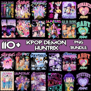 Peut inclure: Une collection de graphiques PNG colorés sur le thème de la K-pop. Les motifs présentent diverses illustrations, notamment des personnages stylisés, du texte et des éléments graphiques. Le texte comprend "SAJA BOYS", "HUNTRX", "KPOP DEMON" et "BABY".