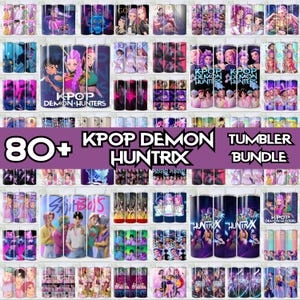 Puede incluir: Una colección de vasos KPOP Demon Hunters, con varios diseños de personajes de estilo anime en colores vibrantes. La imagen incluye el texto "80+ KPOP DEMON HUNTRIX TUMBLER BUNDLE".