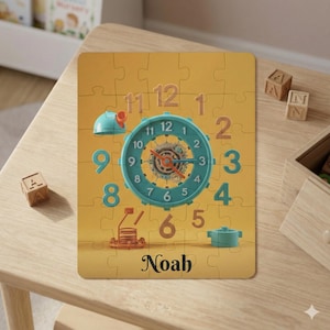 May include: A clock-themed puzzle with a teal clock face and tan numbers. The puzzle is on a yellow background and includes the name "Noah" at the bottom. Wooden blocks are visible on the table.