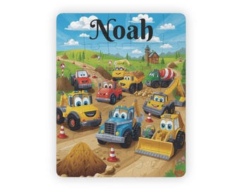 Rompecabezas personalizado de camión de construcción para niños / Rompecabezas de construcción para niños y niñas / Rompecabezas infantil con nombre / Regalo para niños