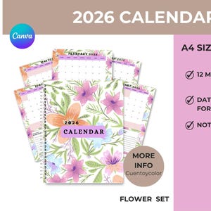Puede incluir: Un conjunto de calendarios de 2026 con temática floral. La portada presenta un diseño vibrante con flores moradas, naranjas y azules. El calendario de tamaño A4 incluye 12 páginas mensuales, un calendario fechado para 2026 y una sección de notas.