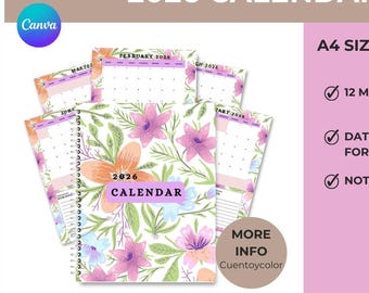 2026 calendar and notepad with a floral design, editable in Canva + bonus horizontal weekly planner