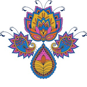 Pode incluir: Um design floral colorido com uma disposi&ccedil;&atilde;o sim&eacute;trica. O design apresenta uma flor central com p&eacute;talas amarelas, azuis e rosas, rodeada por dois elementos em forma de paisley e uma forma de gota, tudo sobre um fundo branco.