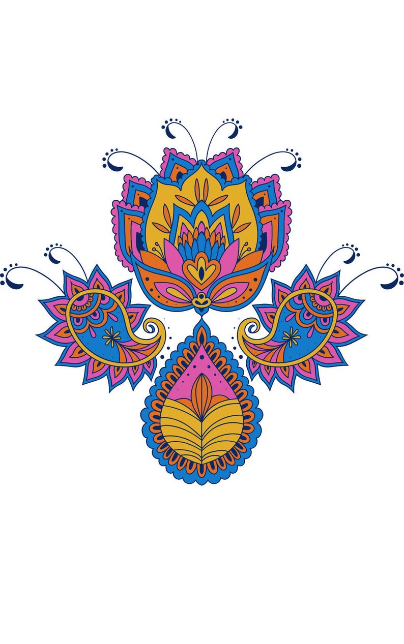 Pode incluir: Um design floral colorido com uma disposi&ccedil;&atilde;o sim&eacute;trica. O design apresenta uma flor central com p&eacute;talas amarelas, azuis e rosas, rodeada por dois elementos em forma de paisley e uma forma de gota, tudo sobre um fundo branco.