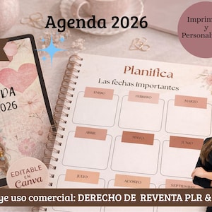 May include: A digital and printable 2026 agenda with a floral design and the text "Agenda 2026". The agenda includes a planner with important dates and is editable in Canva. The image also includes the text "Includes commercial use: Resale right PLR & MRR".