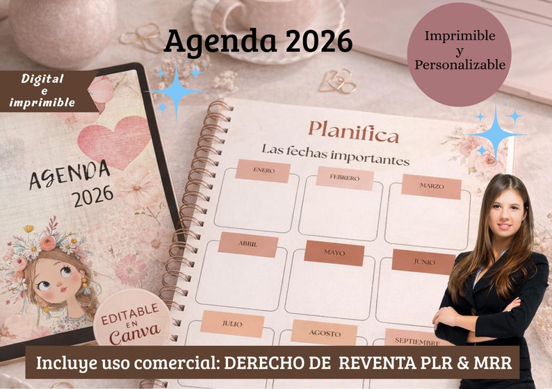 May include: A digital and printable 2026 agenda with a floral design and the text "Agenda 2026". The agenda includes a planner with important dates and is editable in Canva. The image also includes the text "Includes commercial use: Resale right PLR & MRR".