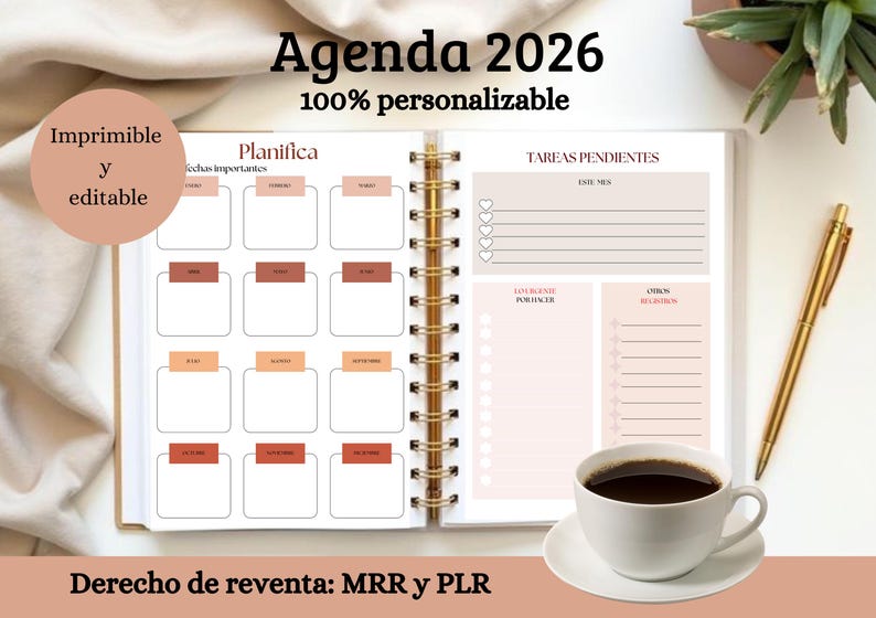 May include: Open planner with a gold spiral binding, featuring a layout for 2026. The pages include sections for planning, important dates, and tasks. A cup of coffee and a gold pen are on the side. Text on the image says "Agenda 2026" and "100% personalizable".