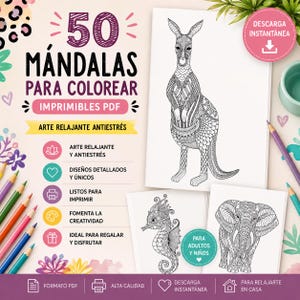 Pode incluir: Imagem promocional de livros de colorir em PDF para impressão. A imagem apresenta o texto "50 Mandalas para colorir" e inclui desenhos detalhados de um canguru, um cavalo-marinho e um elefante. O texto também inclui "Arte relaxante anti-stress".