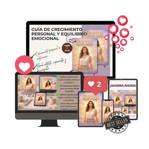 Puede incluir: Imagen de marketing digital que muestra una guía de crecimiento personal titulada "Despierta en tu mejor versión". La imagen presenta a una mujer en varios dispositivos, con el texto "Más vendido" y "¡Ahorra ahora!"