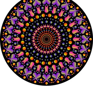 Pode incluir: Um design de mandala circular e vibrante sobre um fundo preto. A obra de arte apresenta um padr&atilde;o sim&eacute;trico com gradientes de roxo, rosa, laranja e amarelo. O centro tem um design em espiral e as bordas externas t&ecirc;m elementos em forma de cora&ccedil;&atilde;o.