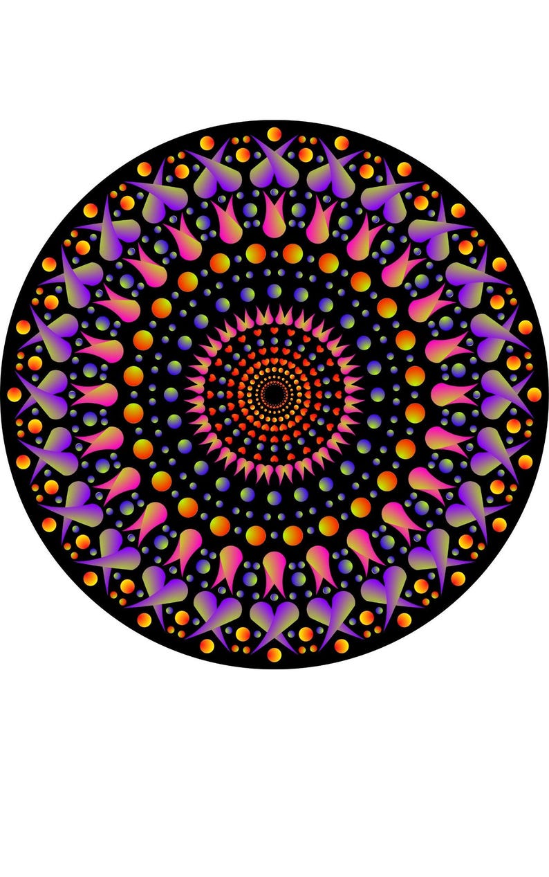 Pode incluir: Um design de mandala circular e vibrante sobre um fundo preto. A obra de arte apresenta um padr&atilde;o sim&eacute;trico com gradientes de roxo, rosa, laranja e amarelo. O centro tem um design em espiral e as bordas externas t&ecirc;m elementos em forma de cora&ccedil;&atilde;o.