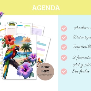May include: A digital agenda with a tropical theme, featuring a colorful parrot, hibiscus flowers, and palm trees. The word "AGENDA" is displayed at the top. Includes digital file, printable, 2 formats, A4 and A5, and undated.