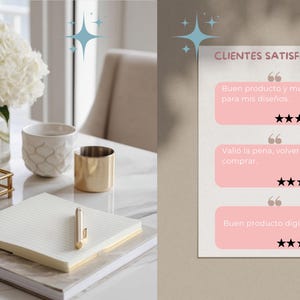 May include: A still-life image featuring a notebook, pen, and decorative items on a white table. A vase of white flowers, a gold-colored pen, and a gold-colored cup are visible. A testimonial card with customer reviews is also present.