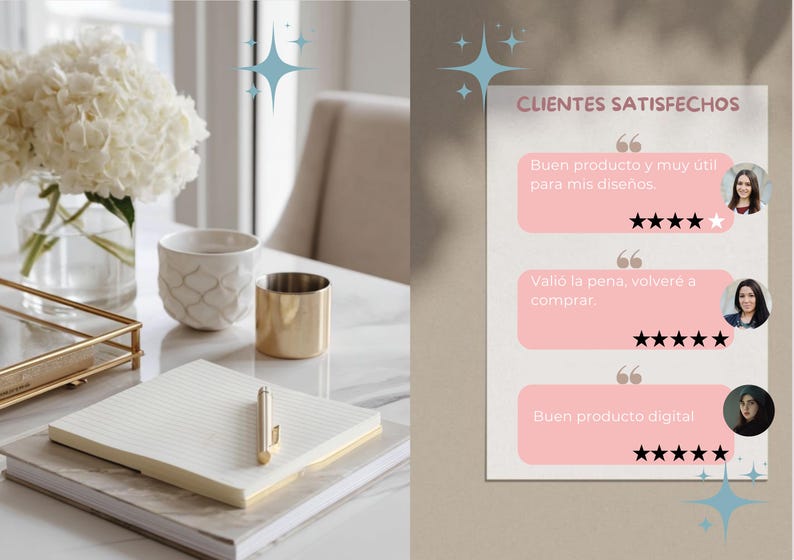 May include: A still-life image featuring a notebook, pen, and decorative items on a white table. A vase of white flowers, a gold-colored pen, and a gold-colored cup are visible. A testimonial card with customer reviews is also present.