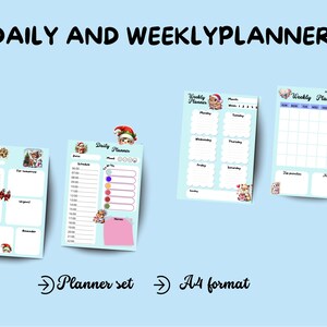 Puede incluir: Un conjunto de cuatro planificadores diarios y semanales de color azul claro con temática navideña. Los planificadores incluyen secciones para tareas, horarios y notas. El texto "DAILY AND WEEKLY PLANNER", "Planner set" y "A4 format" es visible.