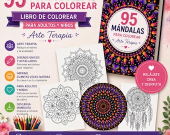 Pode incluir: Imagem de um livro de colorir e vários designs de mandalas. A capa principal do livro apresenta uma mandala colorida com o texto "95 Mandalas para colorir". Designs adicionais são exibidos, juntamente com texto que promove a arteterapia e o relaxamento.