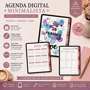 Puede incluir: Agenda digital minimalista con diseño de mariposas, calendario 2026 y diseño de planificador semanal. Incluye el texto "Agenda Digital Minimalista" y "Planner". Presenta una combinación de colores rosa y blanco, con el texto "100% Personalizable y Editable".