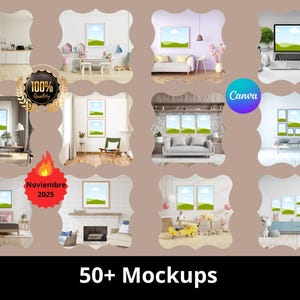 Puede incluir: Un collage de maquetas de interiores con obras de arte paisajísticas enmarcadas en varios entornos. La imagen incluye un portátil, un logotipo de Canva y el texto "100% Quality" y "50+ Mockups".