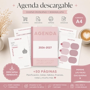 Puede incluir: Una agenda digital con una portada rosa que dice "AGENDA 2026-2027" y varias páginas de planificación. La imagen incluye iconos para comprar, descargar, imprimir y organizar. El texto "Agenda descargable" está en la parte superior, con texto adicional en español.