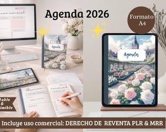 2026 planner editable in Canva, printable in PDF, Modern style with MRR and PLR resale rights. 100% customizable.