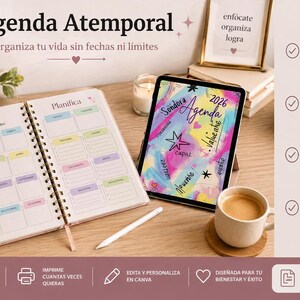 Puede incluir: Un planificador de espiral abierto y una tableta que muestra un diseño de agenda colorido están sobre una superficie de madera. El planificador tiene secciones codificadas por colores. La tableta muestra "Sondora Agenda 2026". También hay una taza de café y un bolígrafo.