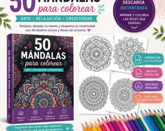 Pode incluir: Imagem promocional de um livro para colorir intitulado "50 Mandalas para colorir". A imagem apresenta o livro, mandalas impressas, lápis de cor e texto em espanhol que promove arte, relaxamento e criatividade.