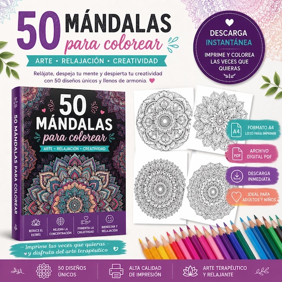 50 Mándalas para Colorear en PDF, 50 Mándala Coloring Pages Printable, Libro de Colorear Adultos y Niños, Arte Terapia,  Instant Download"