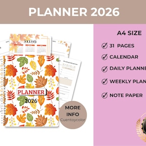 Puede incluir: Un planificador de 2026 con espiral y cubierta con hojas de otoño en naranja, amarillo y verde. El planificador incluye calendario, páginas de planificación diaria y semanal, y papel de notas. El planificador A4 tiene 31 páginas.