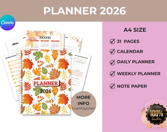 Agenda d'automne à imprimer - 31 pages | Pages journalières, hebdomadaires et de notes. Agenda 2026 à imprimer avec illustrations d'automne.