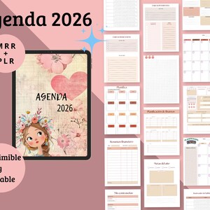 May include: Digital planner for 2026 with a floral design and a cartoon girl on the cover. The planner includes various pages for scheduling, notes, and financial tracking. The background is a soft pink color.