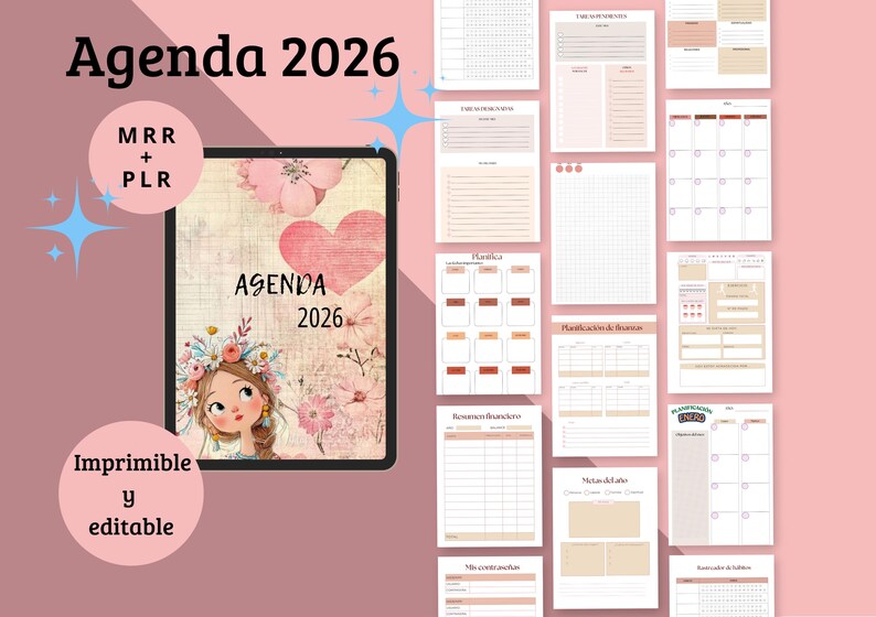 May include: Digital planner for 2026 with a floral design and a cartoon girl on the cover. The planner includes various pages for scheduling, notes, and financial tracking. The background is a soft pink color.