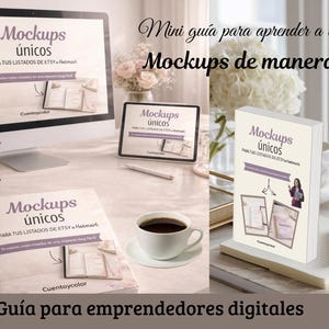Puede incluir: Un ordenador, una tableta y un libro muestran el texto "Mockups únicos" con texto adicional. La imagen incluye una taza de café, un bolígrafo y flores. El tema es el emprendimiento digital.