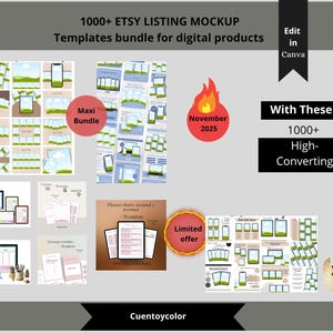 Peut inclure: Un ensemble de mod&egrave;les de maquettes de fiches Etsy pour produits num&eacute;riques. L'image pr&eacute;sente diverses maquettes pour t&eacute;l&eacute;phones, tablettes et ordinateurs portables, avec le texte "1000+ ETSY LISTING MOCKUP" et "Templates bundle for digital products". Le texte suppl&eacute;mentaire comprend "Edit in Canva".