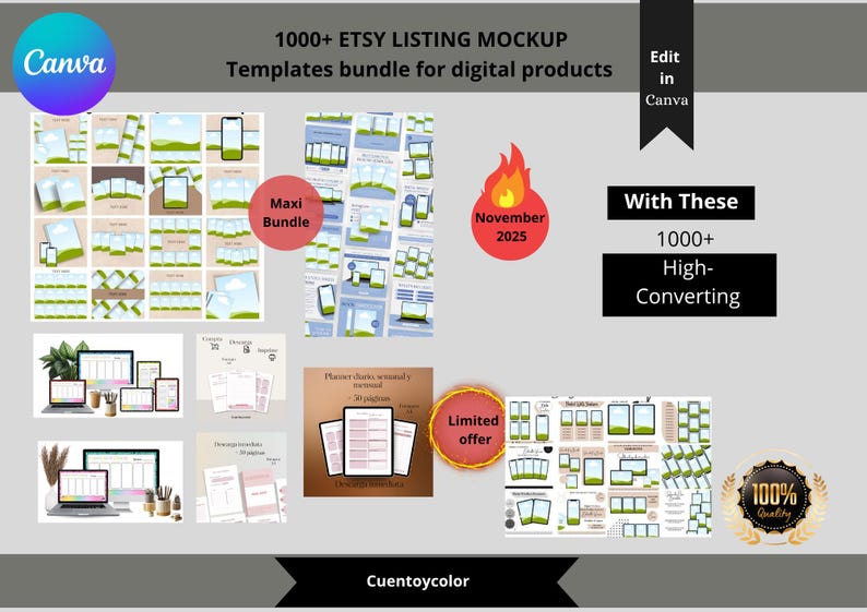 Peut inclure: Un ensemble de mod&egrave;les de maquettes de fiches Etsy pour produits num&eacute;riques. L'image pr&eacute;sente diverses maquettes pour t&eacute;l&eacute;phones, tablettes et ordinateurs portables, avec le texte "1000+ ETSY LISTING MOCKUP" et "Templates bundle for digital products". Le texte suppl&eacute;mentaire comprend "Edit in Canva".