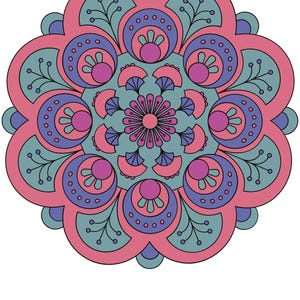 Pode incluir: Um design de mandala sim&eacute;trico em tons de rosa, verde-azulado e roxo. O padr&atilde;o circular apresenta formas em camadas semelhantes a p&eacute;talas, c&iacute;rculos pontilhados e elementos florais, tudo sobre um fundo branco.