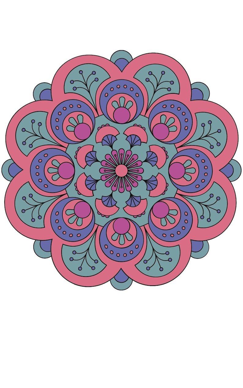 Pode incluir: Um design de mandala sim&eacute;trico em tons de rosa, verde-azulado e roxo. O padr&atilde;o circular apresenta formas em camadas semelhantes a p&eacute;talas, c&iacute;rculos pontilhados e elementos florais, tudo sobre um fundo branco.
