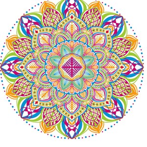 Pode incluir: Um design de mandala vibrante e sim&eacute;trico sobre um fundo branco. A obra de arte apresenta um padr&atilde;o complexo de formas coloridas em tons de laranja, verde, azul, rosa e amarelo, criando uma composi&ccedil;&atilde;o circular visualmente marcante.