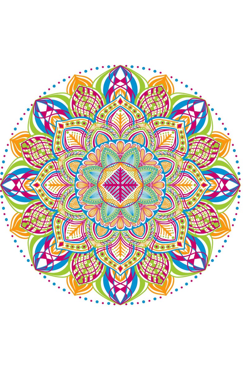 Pode incluir: Um design de mandala vibrante e sim&eacute;trico sobre um fundo branco. A obra de arte apresenta um padr&atilde;o complexo de formas coloridas em tons de laranja, verde, azul, rosa e amarelo, criando uma composi&ccedil;&atilde;o circular visualmente marcante.