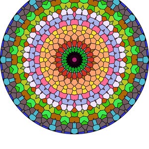 Pode incluir: Um design de mosaico circular colorido com uma variedade de formas geom&eacute;tricas. O design apresenta um espectro de cores, incluindo azul, verde, amarelo, laranja, rosa e roxo, dispostas em c&iacute;rculos conc&ecirc;ntricos. O centro &eacute; roxo escuro.