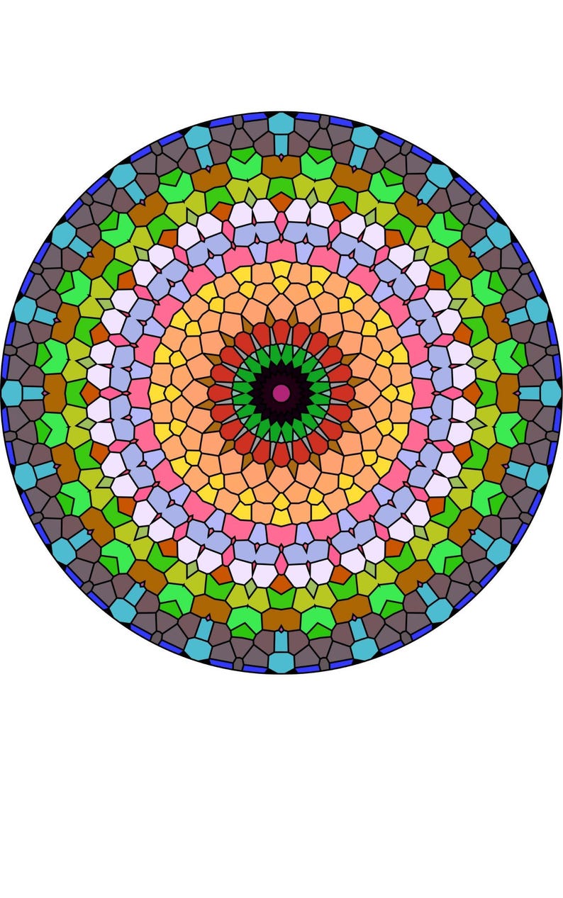 Pode incluir: Um design de mosaico circular colorido com uma variedade de formas geom&eacute;tricas. O design apresenta um espectro de cores, incluindo azul, verde, amarelo, laranja, rosa e roxo, dispostas em c&iacute;rculos conc&ecirc;ntricos. O centro &eacute; roxo escuro.