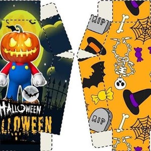 Könnte beinhalten: Halloween-Geschenkbox mit einem Kürbiskopf-Charakter in einem roten Hemd und blauen Latzhosen. Die Box hat eine gruselige Friedhofsszene mit Vollmond. Die andere Seite hat Halloween-Symbole wie Skelette, Fledermäuse und Spinnweben.