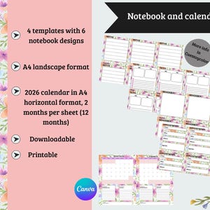 Puede incluir: Conjunto digital de cuaderno y calendario para 2026, con diseños florales. Incluye 4 plantillas con 6 diseños de cuaderno, formato A4 apaisado, y un calendario 2026 en formato A4 horizontal. Descargable e imprimible. Se muestra el texto "Notebook and calendar 2026".